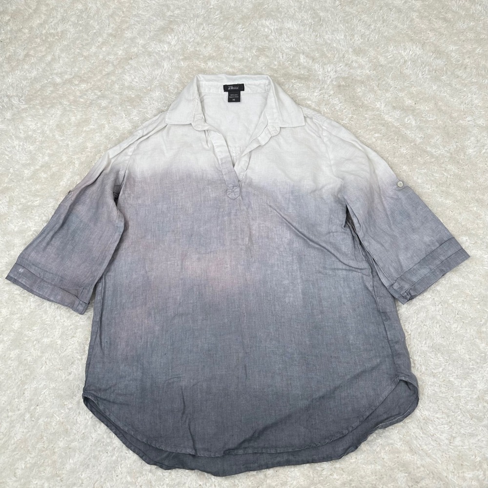 Pure Amici Women's XS 100% Linen Gray White Ombre Shirt Pullover Coastal Preppy